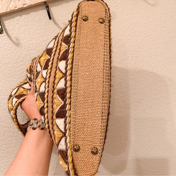 Vintage Handmade Burlap Embroidered Satchel Hand Bag Geometric Tan Brown Boho - Picture 10 of 15